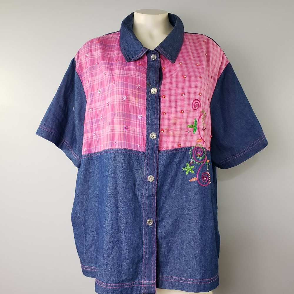 C.M. Shapes embellished button down shirt very cute 100% cotton